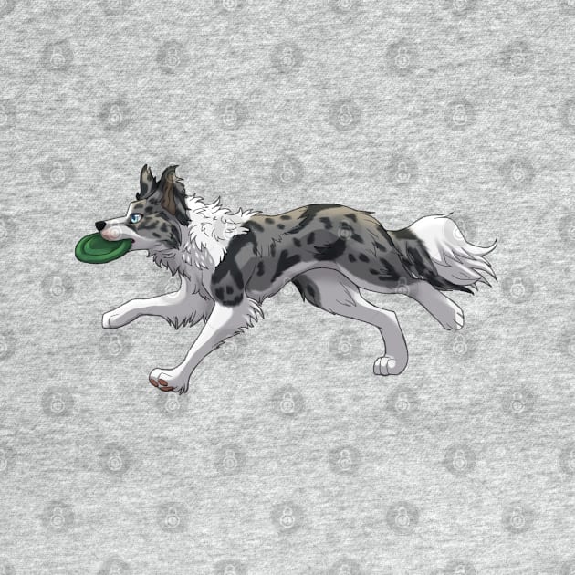 Running Blue Merle Border Collie with Frisbee by Bamsdrawz